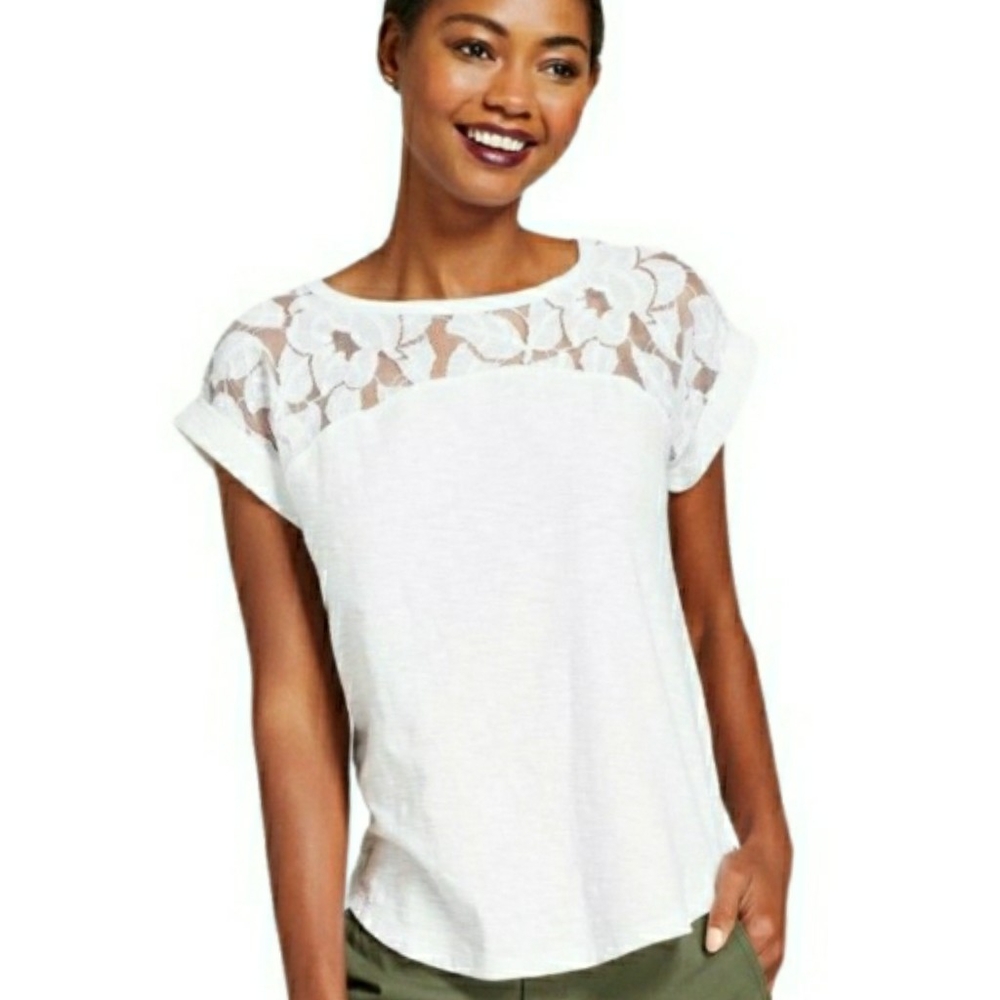 NEW MERONA White Lace Cuffed Short Sleeve T Shirt XSmall